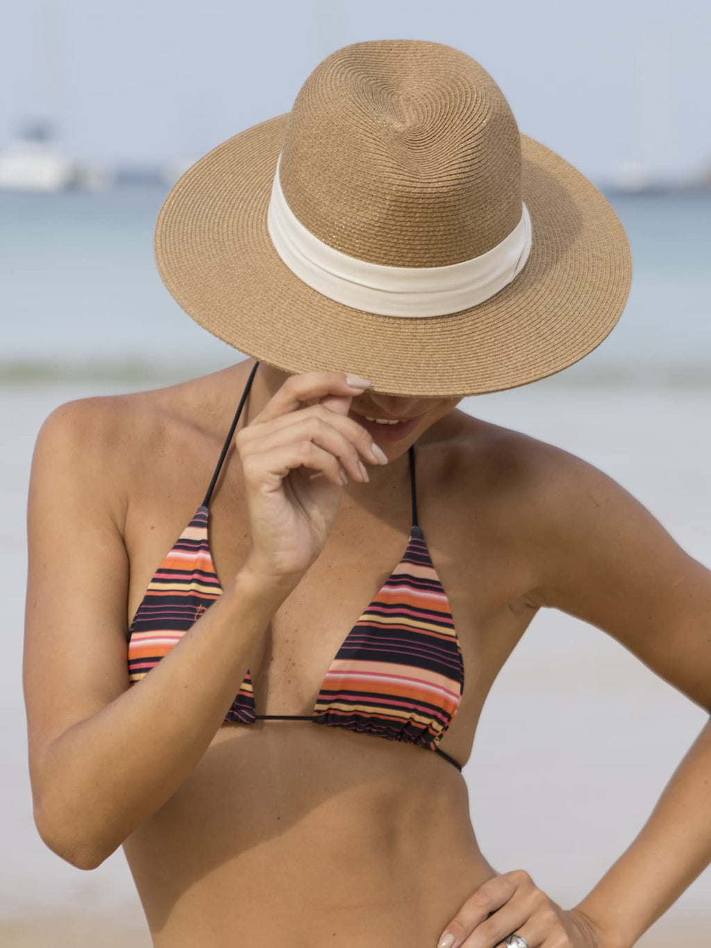 FURTALK Womens Mens Wide Brim Straw Panama Hat Fedora Summer Beach Sun Hat | Breathable Paper Straw, Classic Ribbon Trim, UPF Protection, Adjustable Band Inside, Chin Strap for Gusty Winds