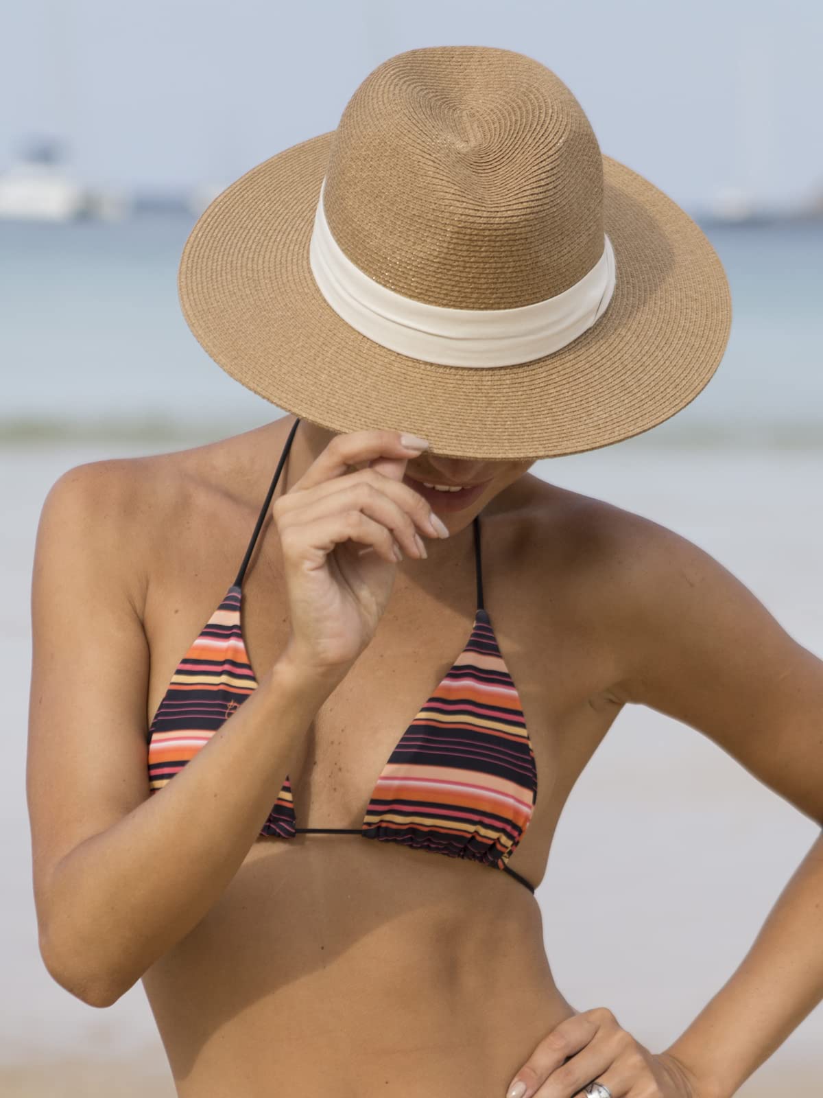 FURTALK Womens Mens Wide Brim Straw Panama Hat Fedora Summer Beach Sun Hat | Breathable Paper Straw, Classic Ribbon Trim, UPF Protection, Adjustable Band Inside, Chin Strap for Gusty Winds