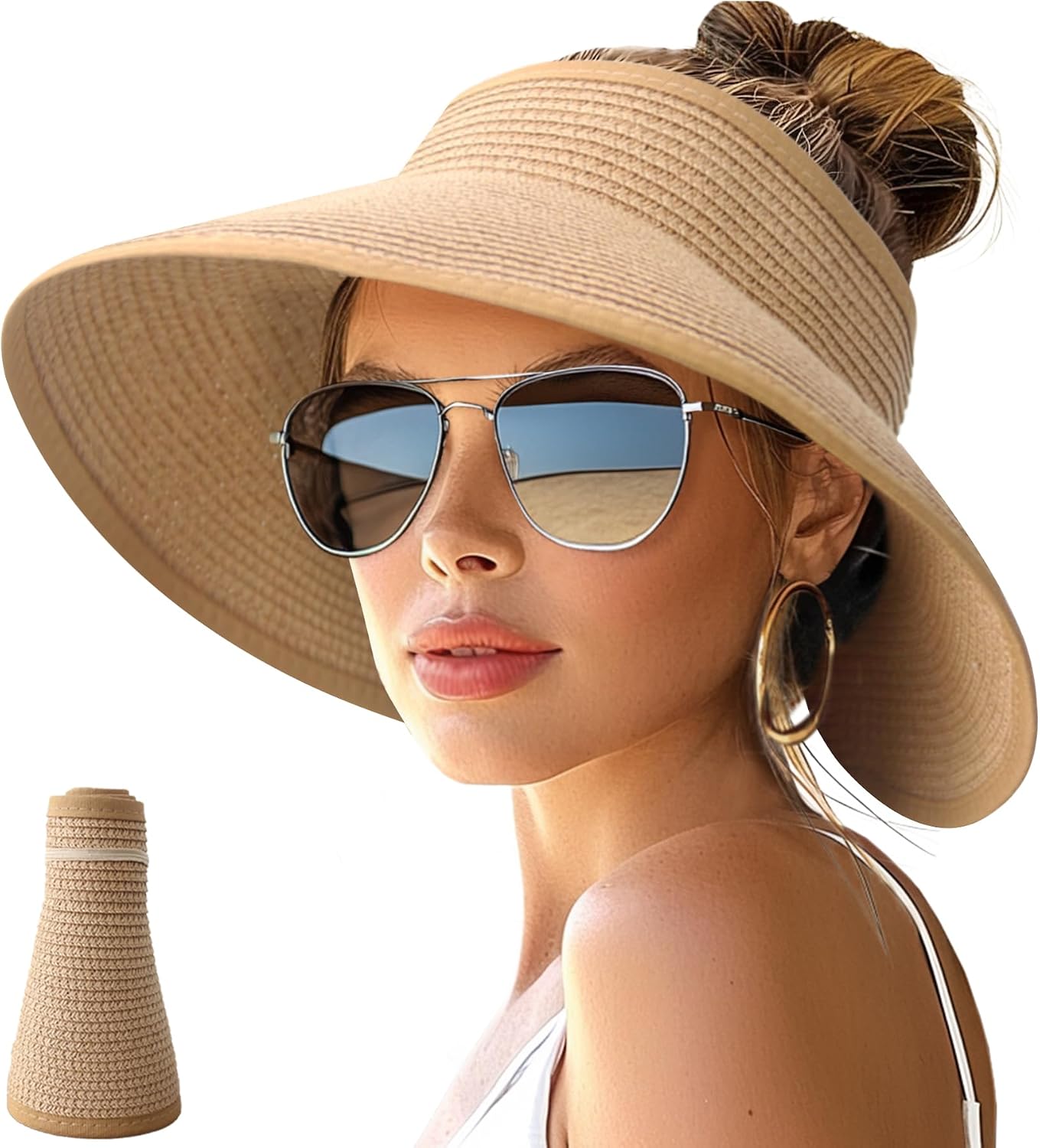 NPJY Sun Hats for Women Wide Brim Roll-Up Ponytail Packable Straw Visor | Wide Brim Hat with Open-Top Design, Packable & Foldable for Travel Beach Garden Gift
