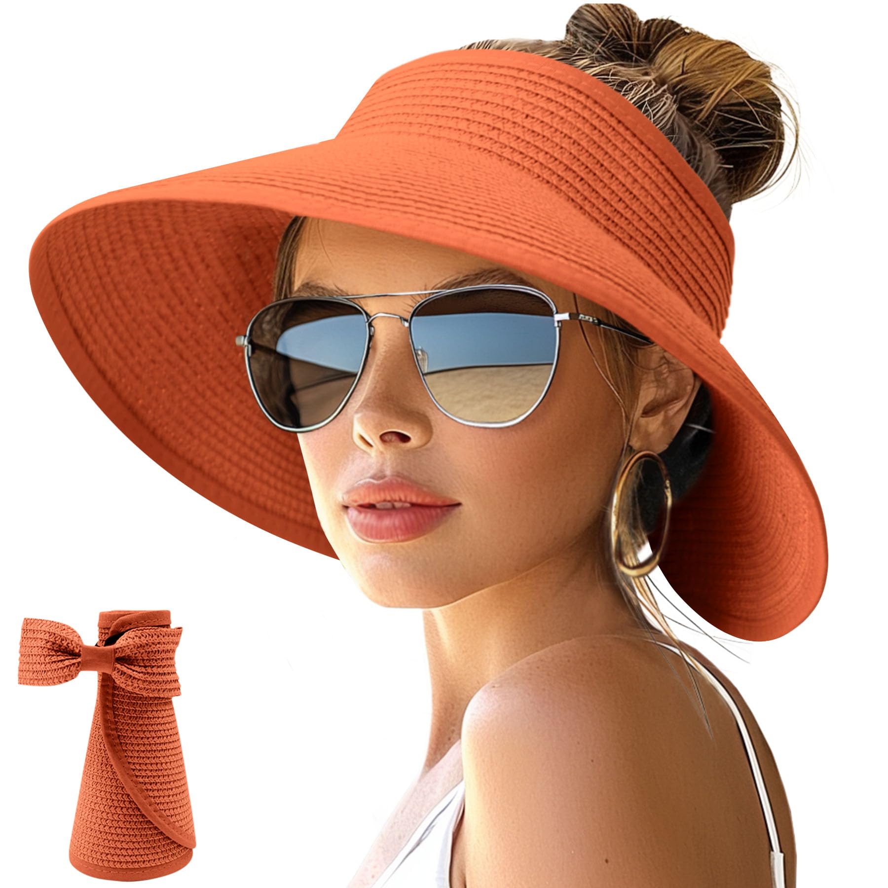 NPJY Sun Hats for Women Wide Brim Roll-Up Ponytail Packable Straw Visor | Wide Brim Hat with Open-Top Design, Packable & Foldable for Travel Beach Garden Gift