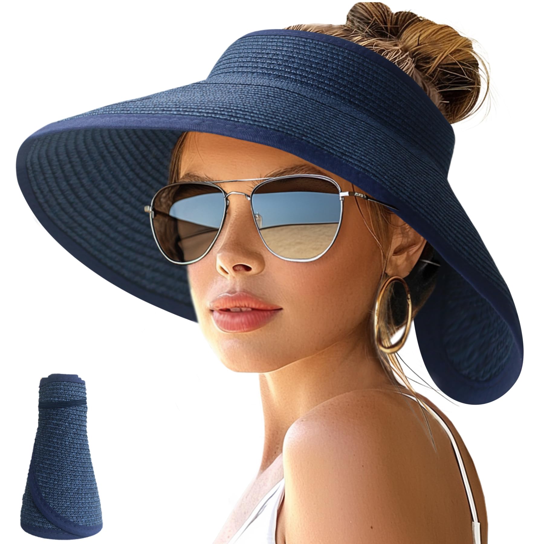 NPJY Sun Hats for Women Wide Brim Roll-Up Ponytail Packable Straw Visor | Wide Brim Hat with Open-Top Design, Packable & Foldable for Travel Beach Garden Gift