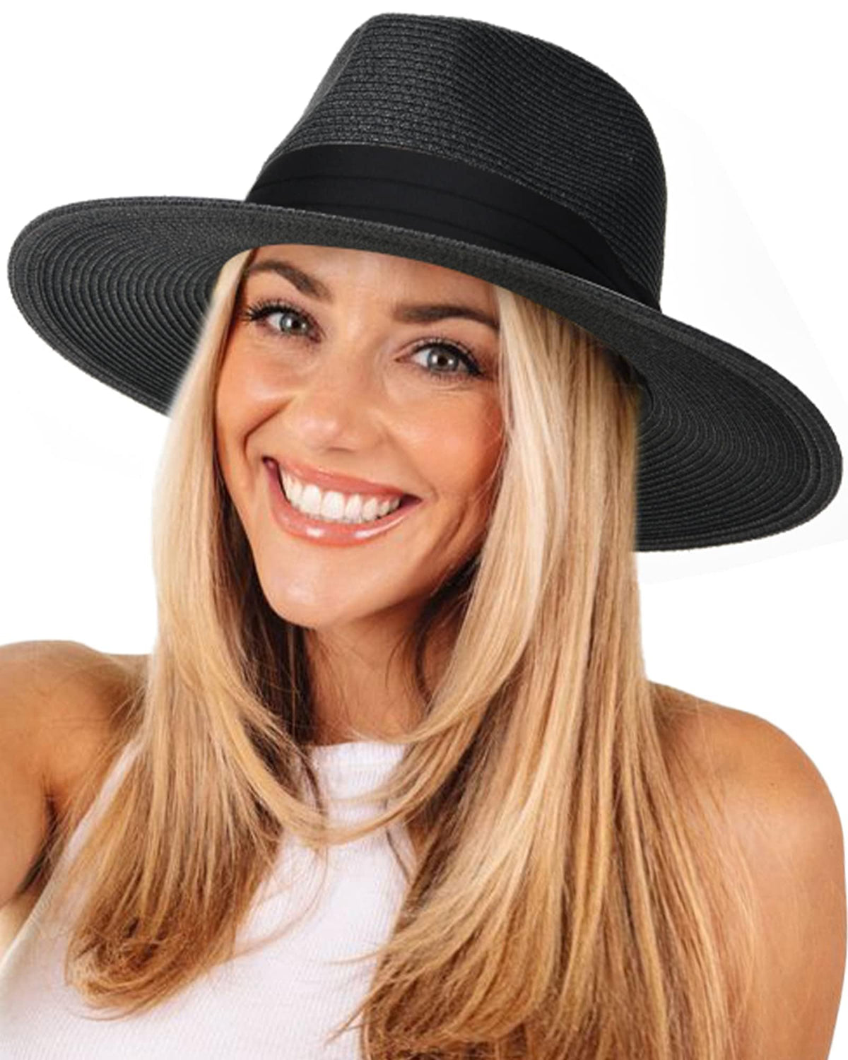 FURTALK Womens Mens Wide Brim Straw Panama Hat Fedora Summer Beach Sun Hat | Breathable Paper Straw, Classic Ribbon Trim, UPF Protection, Adjustable Band Inside, Chin Strap for Gusty Winds