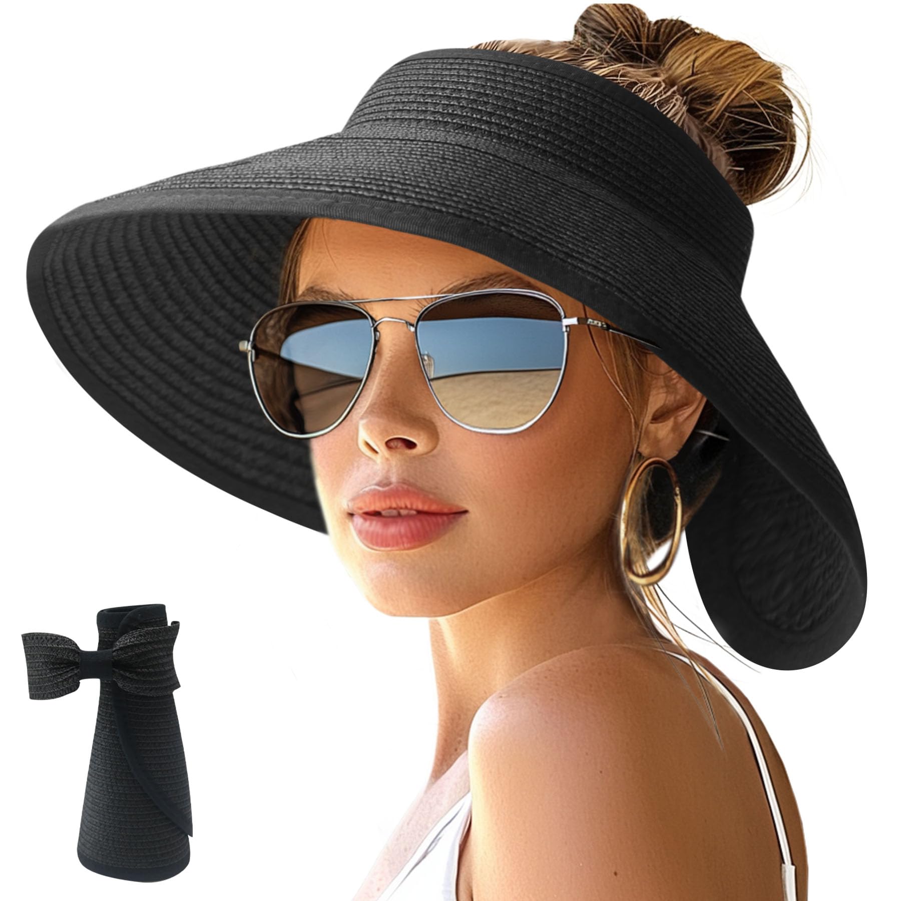 NPJY Sun Hats for Women Wide Brim Roll-Up Ponytail Packable Straw Visor | Wide Brim Hat with Open-Top Design, Packable & Foldable for Travel Beach Garden Gift