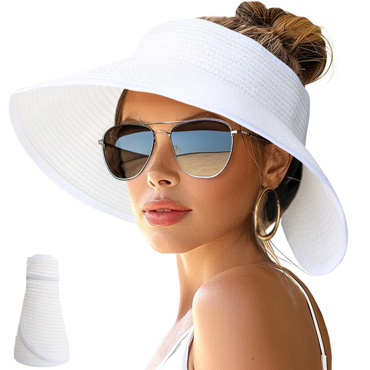 NPJY Sun Hats for Women Wide Brim Roll-Up Ponytail Packable Straw Visor | Wide Brim Hat with Open-Top Design, Packable & Foldable for Travel Beach Garden Gift