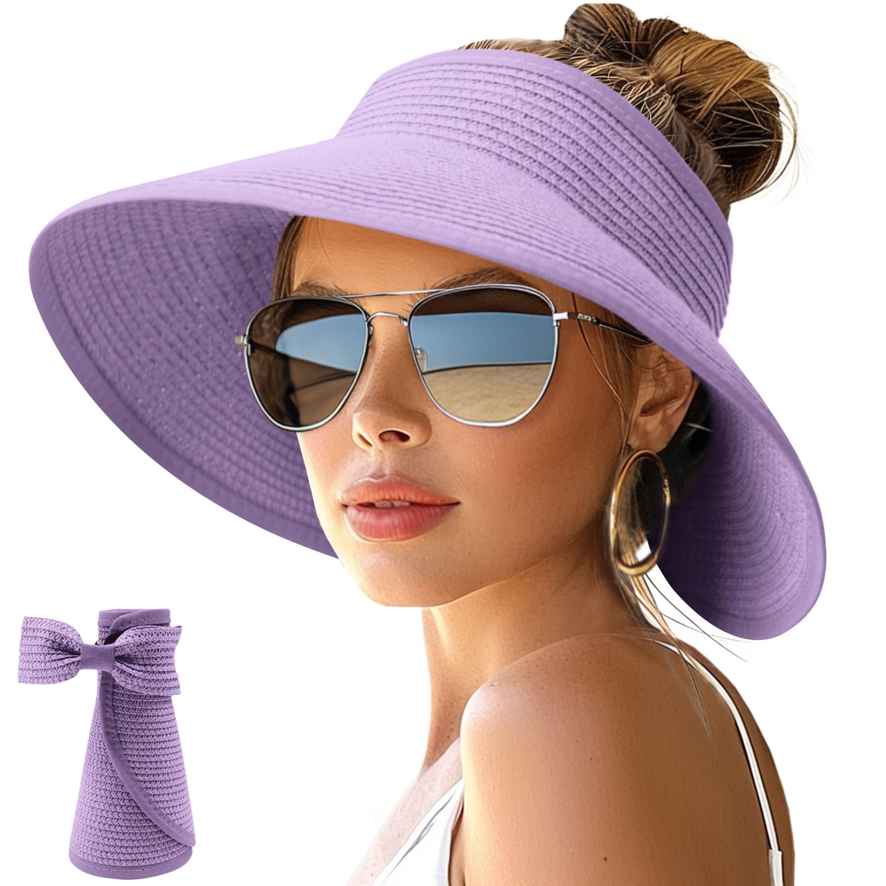 NPJY Sun Hats for Women Wide Brim Roll-Up Ponytail Packable Straw Visor | Wide Brim Hat with Open-Top Design, Packable & Foldable for Travel Beach Garden Gift