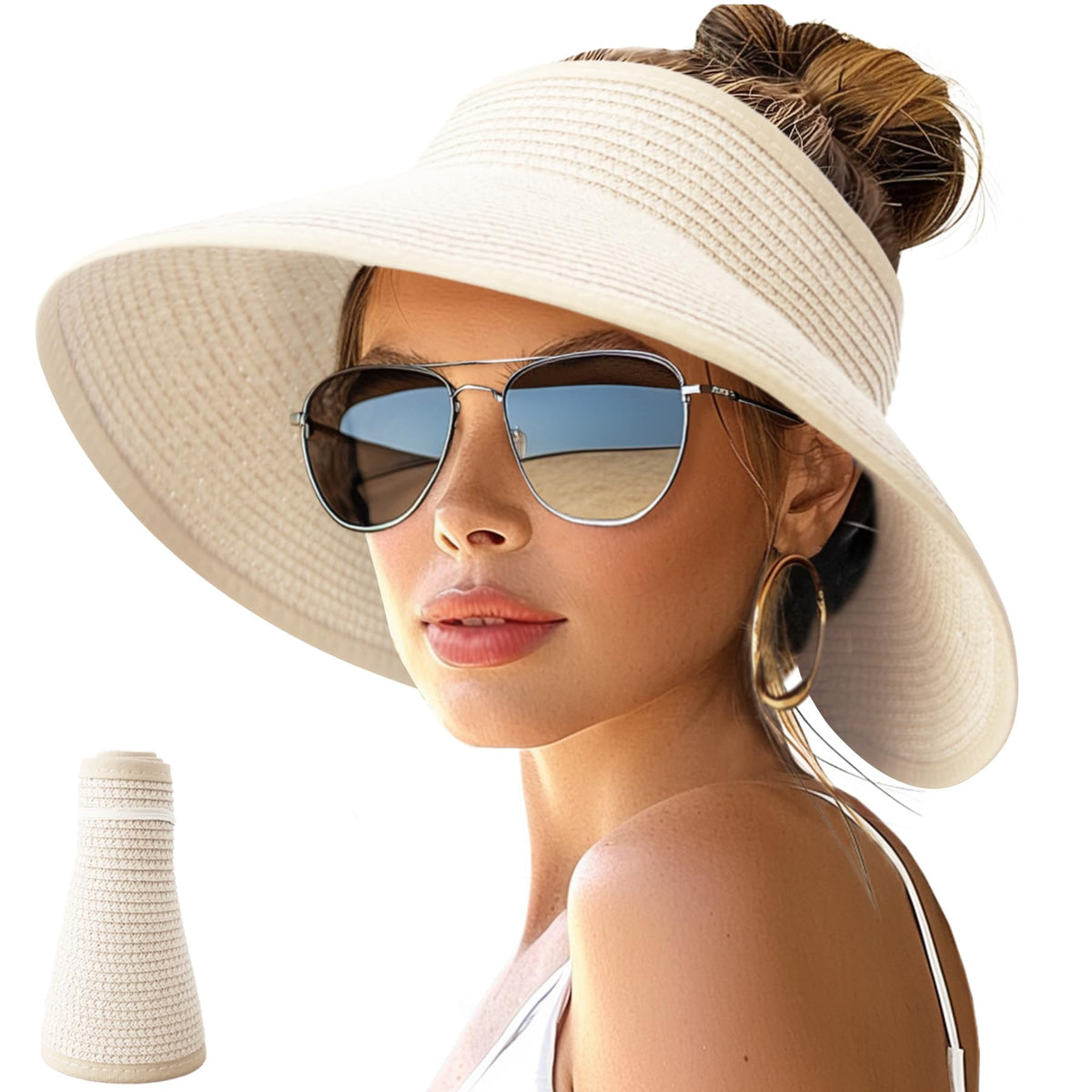 NPJY Sun Hats for Women Wide Brim Roll-Up Ponytail Packable Straw Visor | Wide Brim Hat with Open-Top Design, Packable & Foldable for Travel Beach Garden Gift