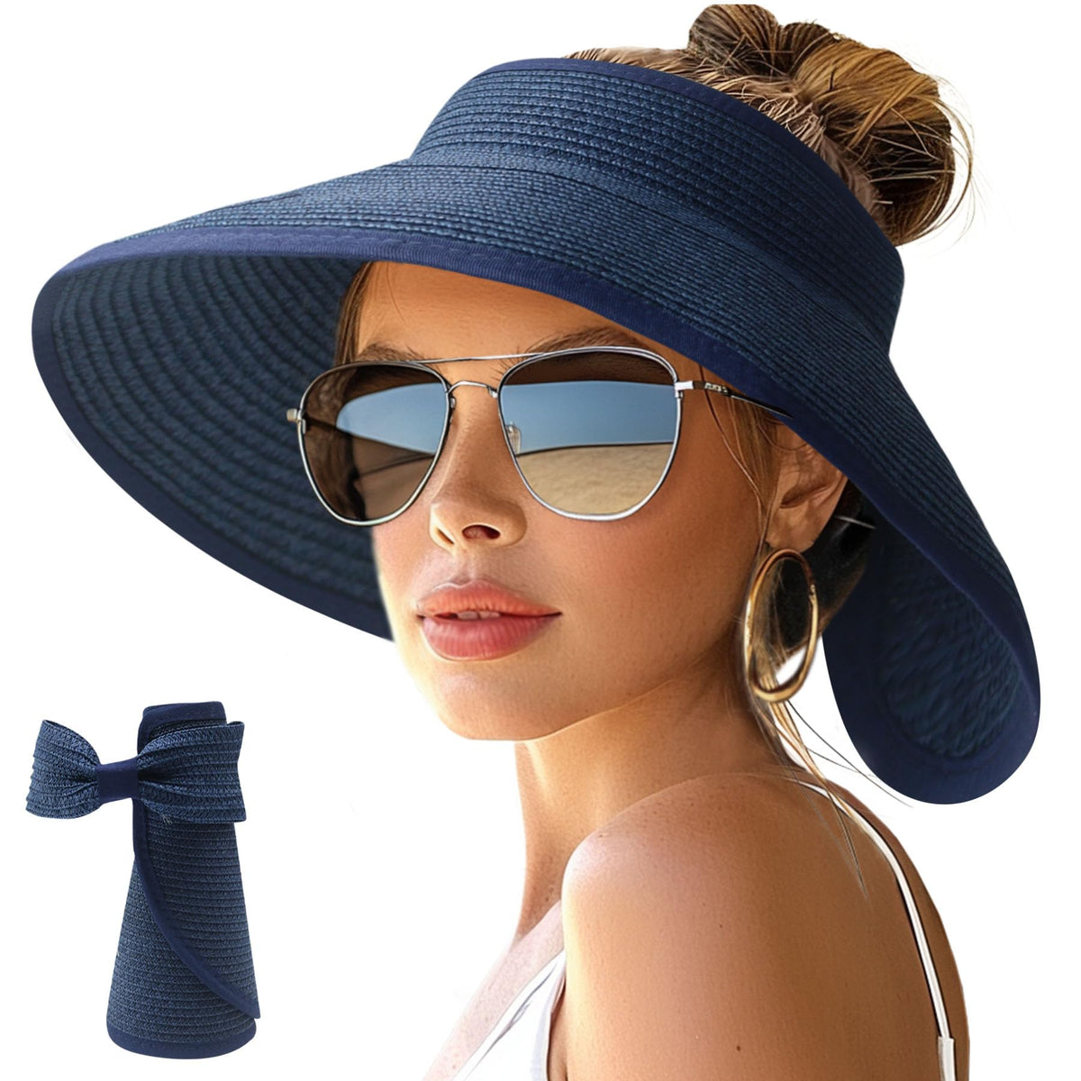 NPJY Sun Hats for Women Wide Brim Roll-Up Ponytail Packable Straw Visor | Wide Brim Hat with Open-Top Design, Packable & Foldable for Travel Beach Garden Gift