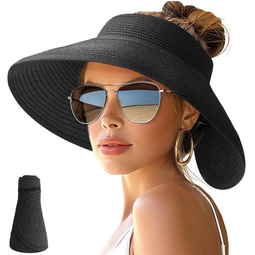 NPJY Sun Hats for Women Wide Brim Roll-Up Ponytail Packable Straw Visor | Wide Brim Hat with Open-Top Design, Packable & Foldable for Travel Beach Garden Gift