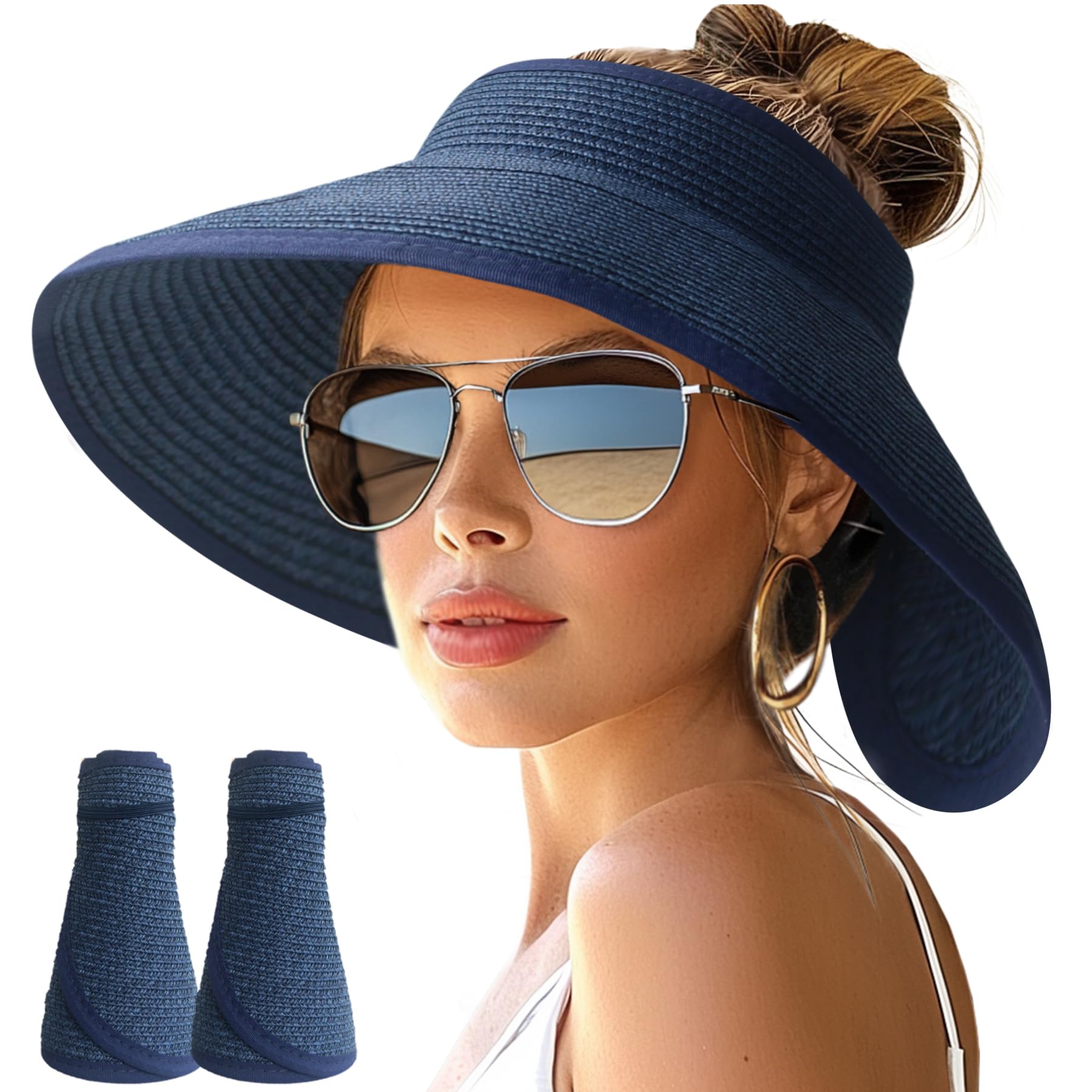 NPJY Sun Hats for Women Wide Brim Roll-Up Ponytail Packable Straw Visor | Wide Brim Hat with Open-Top Design, Packable & Foldable for Travel Beach Garden Gift
