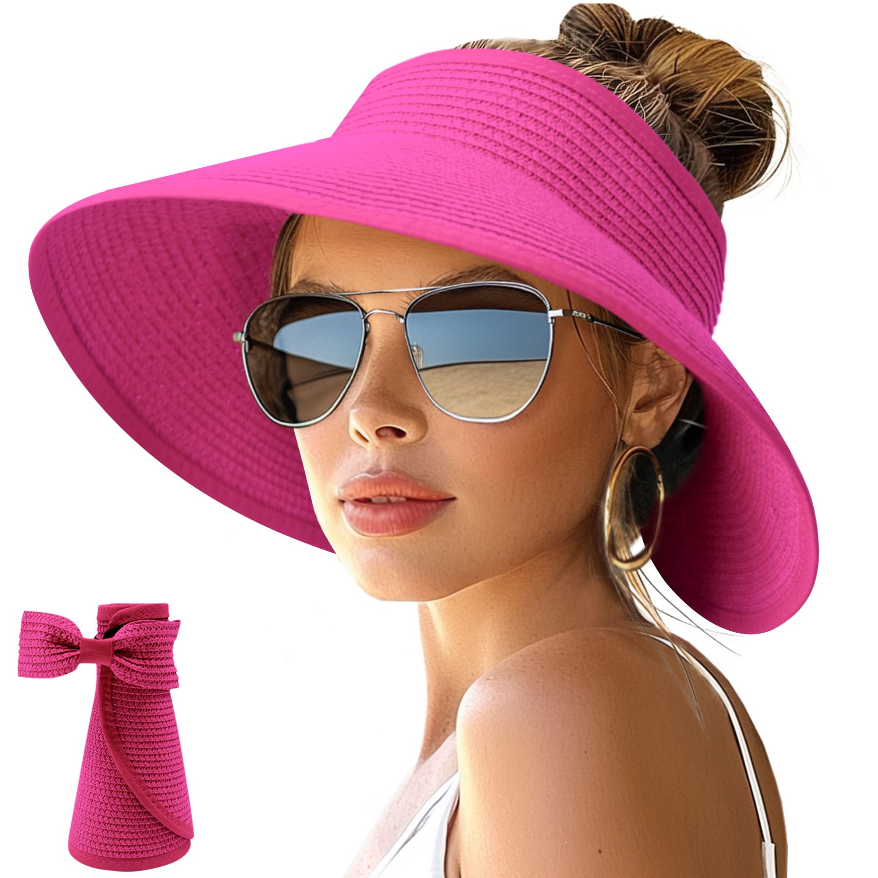 NPJY Sun Hats for Women Wide Brim Roll-Up Ponytail Packable Straw Visor | Wide Brim Hat with Open-Top Design, Packable & Foldable for Travel Beach Garden Gift