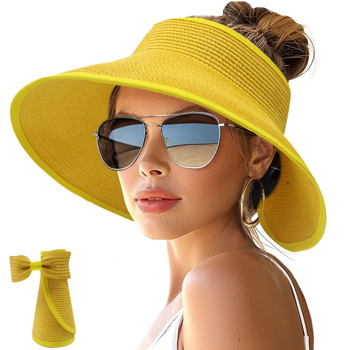 NPJY Sun Hats for Women Wide Brim Roll-Up Ponytail Packable Straw Visor | Wide Brim Hat with Open-Top Design, Packable & Foldable for Travel Beach Garden Gift