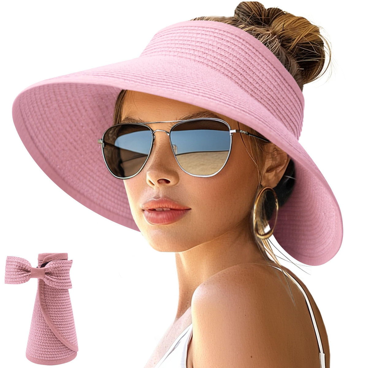 NPJY Sun Hats for Women Wide Brim Roll-Up Ponytail Packable Straw Visor | Wide Brim Hat with Open-Top Design, Packable & Foldable for Travel Beach Garden Gift