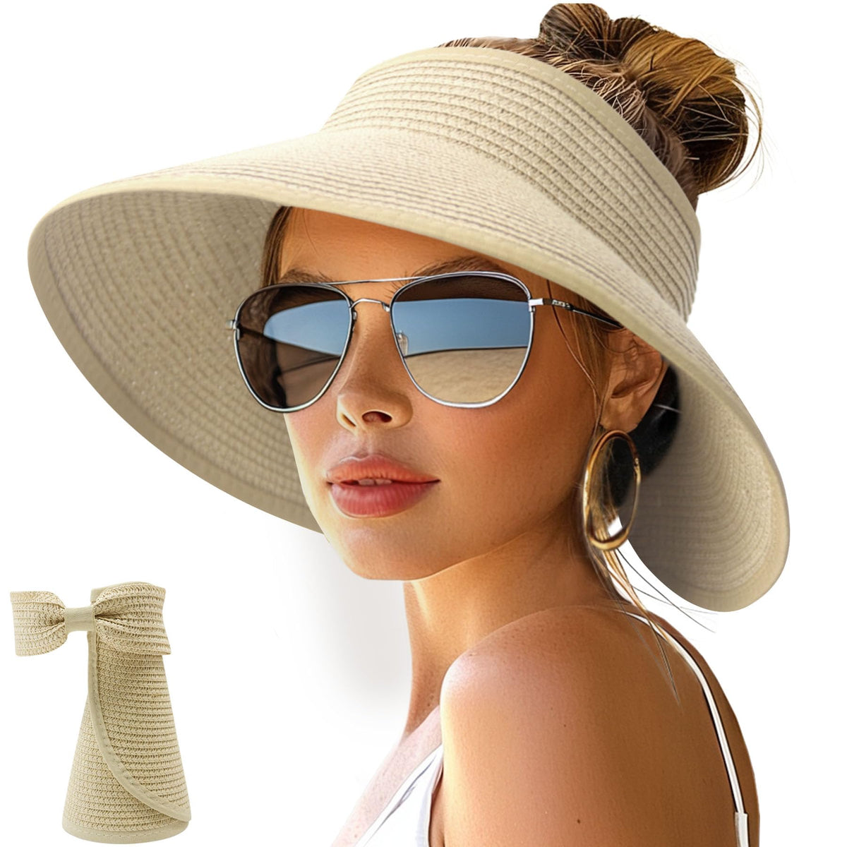 NPJY Sun Hats for Women Wide Brim Roll-Up Ponytail Packable Straw Visor | Wide Brim Hat with Open-Top Design, Packable & Foldable for Travel Beach Garden Gift
