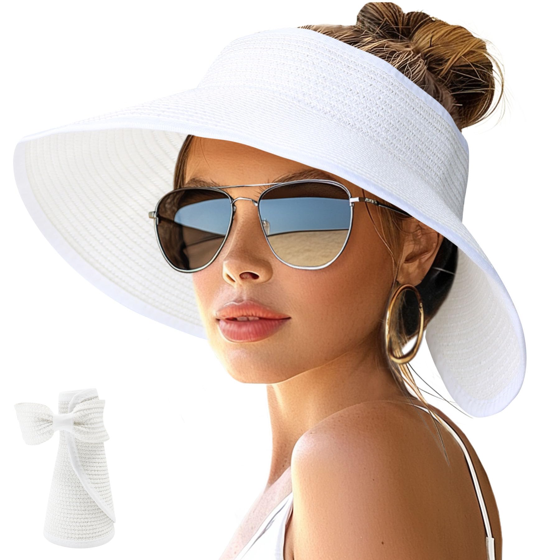 NPJY Sun Hats for Women Wide Brim Roll-Up Ponytail Packable Straw Visor | Wide Brim Hat with Open-Top Design, Packable & Foldable for Travel Beach Garden Gift