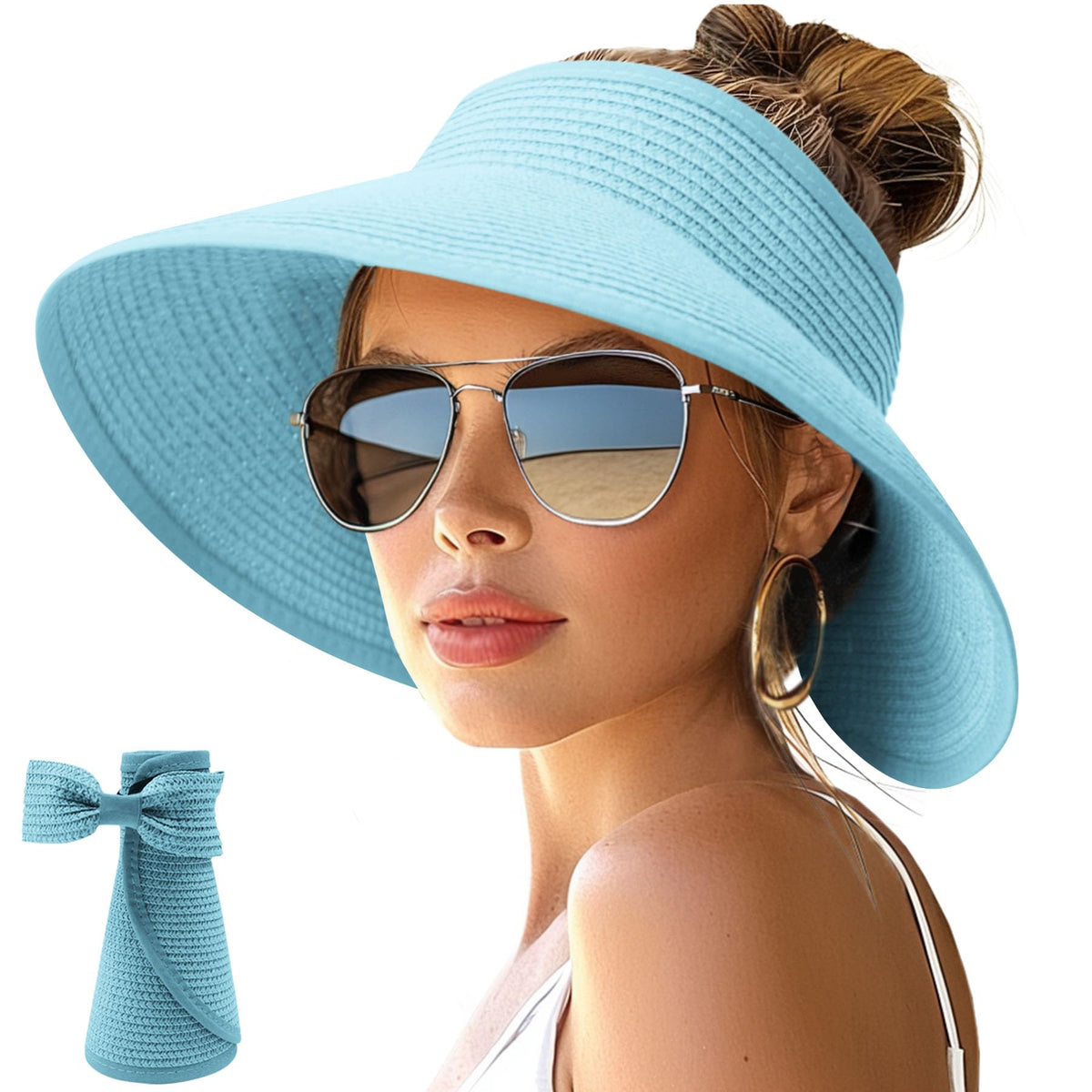 NPJY Sun Hats for Women Wide Brim Roll-Up Ponytail Packable Straw Visor | Wide Brim Hat with Open-Top Design, Packable & Foldable for Travel Beach Garden Gift