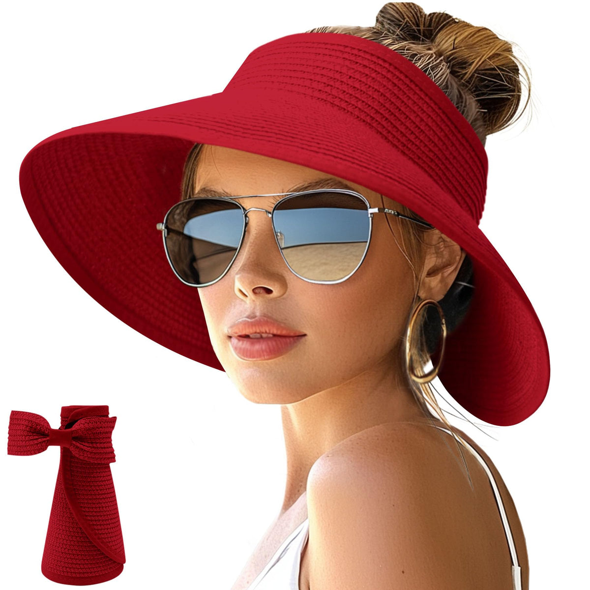NPJY Sun Hats for Women Wide Brim Roll-Up Ponytail Packable Straw Visor | Wide Brim Hat with Open-Top Design, Packable & Foldable for Travel Beach Garden Gift