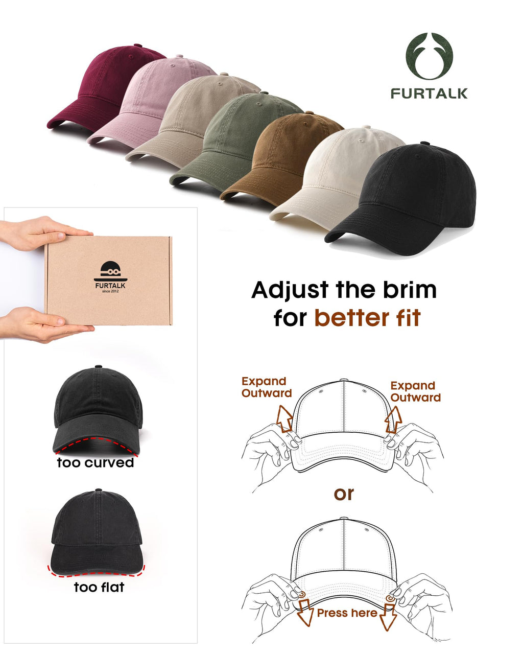 FURTALK Unisex Vintage Unstructured Baseball Cap Washed Cotton Dad Hat | 100% Cotton, Adjustable Buckle, Lightweight, Breathable, Box Package, Outdoor Caps