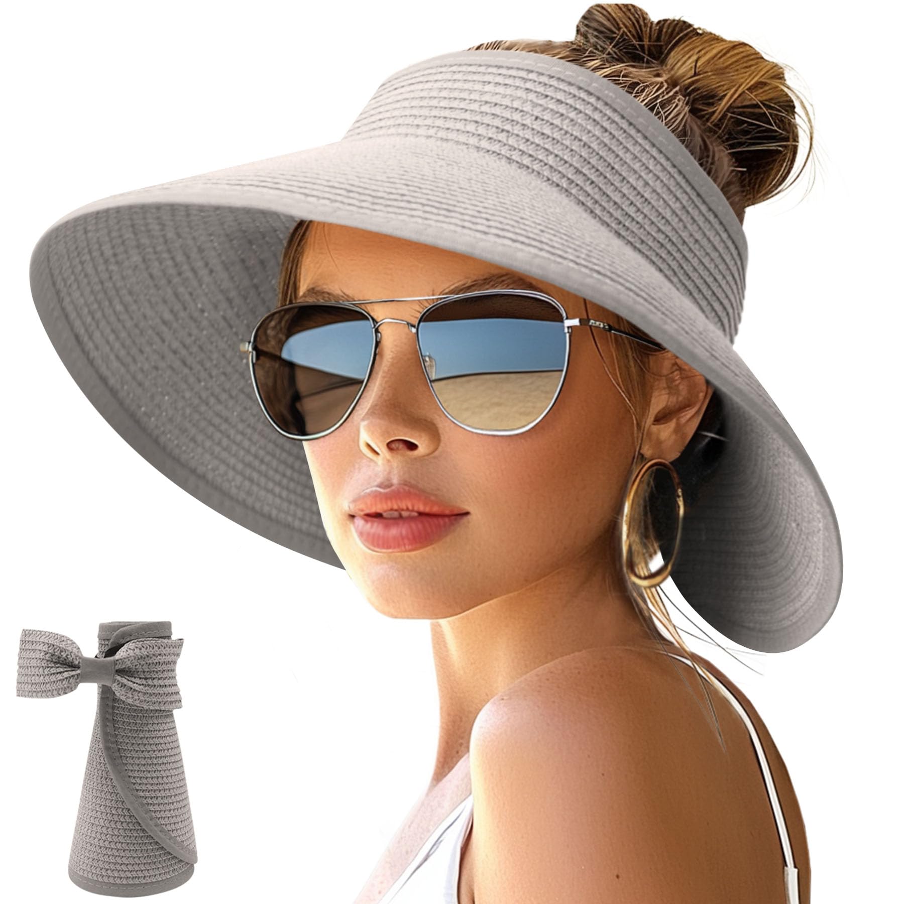 NPJY Sun Hats for Women Wide Brim Roll-Up Ponytail Packable Straw Visor | Wide Brim Hat with Open-Top Design, Packable & Foldable for Travel Beach Garden Gift