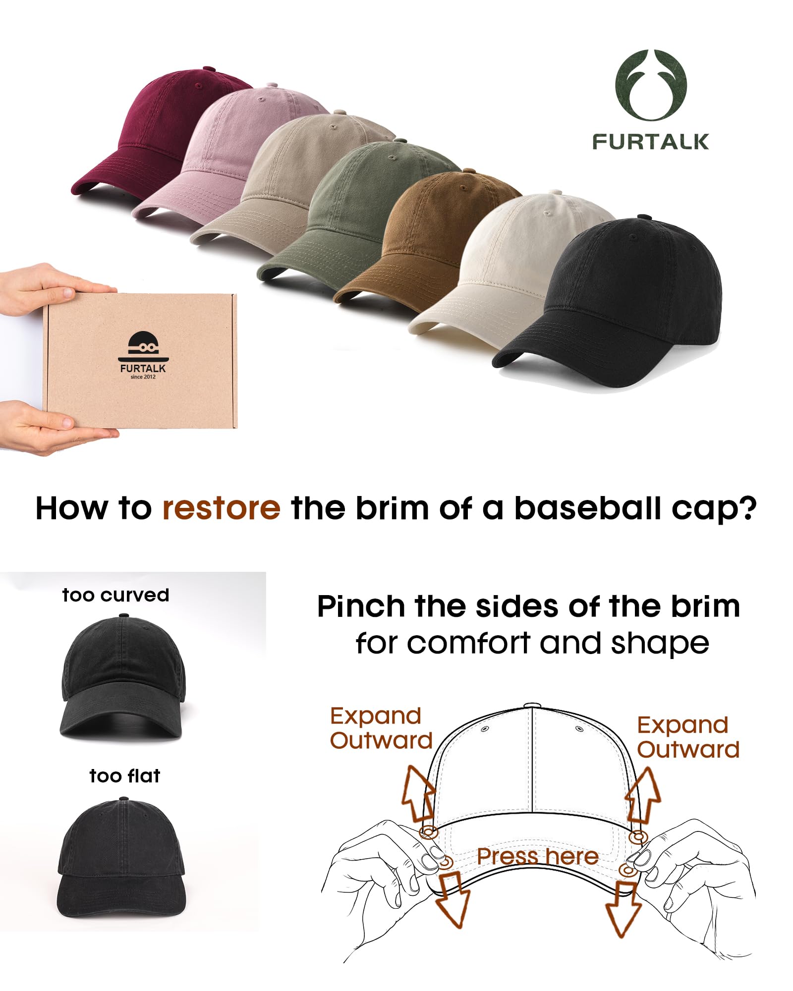 FURTALK Unisex Vintage Unstructured Baseball Cap Washed Cotton Dad Hat | 100% Cotton, Adjustable Buckle, Lightweight, Breathable, Box Package, Outdoor Caps