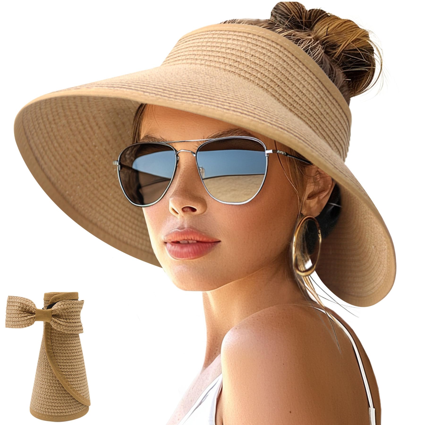 NPJY Sun Hats for Women Wide Brim Roll-Up Ponytail Packable Straw Visor | Wide Brim Hat with Open-Top Design, Packable & Foldable for Travel Beach Garden Gift