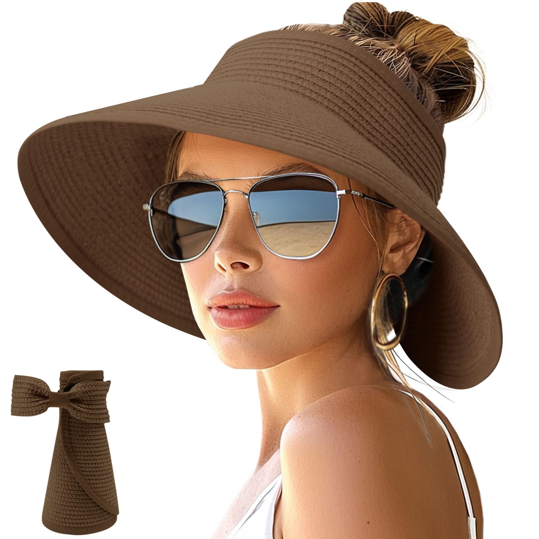 NPJY Sun Hats for Women Wide Brim Roll-Up Ponytail Packable Straw Visor | Wide Brim Hat with Open-Top Design, Packable & Foldable for Travel Beach Garden Gift