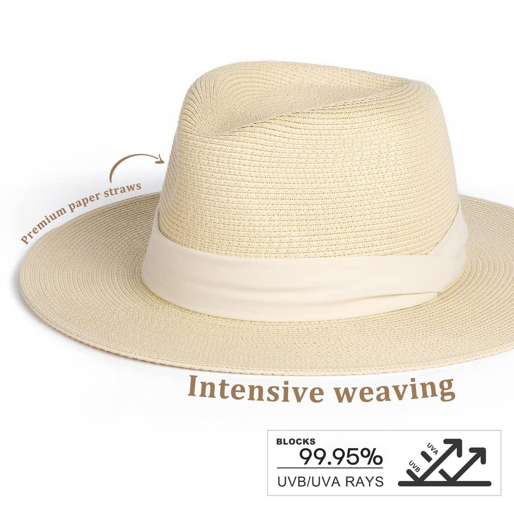 FURTALK Womens Mens Wide Brim Straw Panama Hat Fedora Summer Beach Sun Hat | Breathable Paper Straw, Classic Ribbon Trim, UPF Protection, Adjustable Band Inside, Chin Strap for Gusty Winds