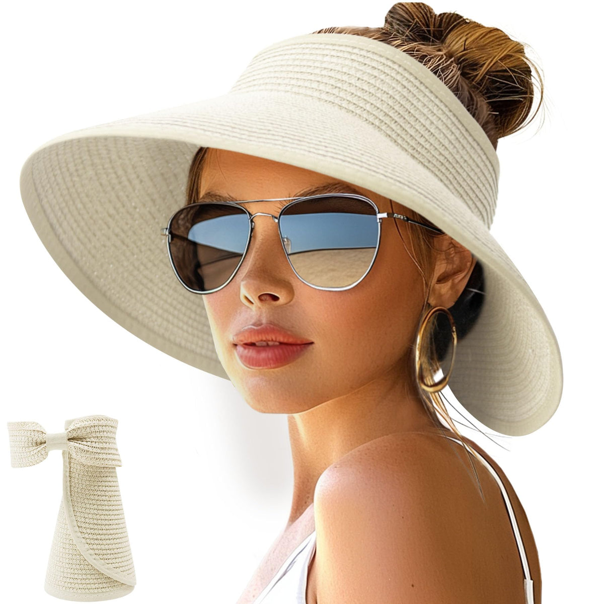 NPJY Sun Hats for Women Wide Brim Roll-Up Ponytail Packable Straw Visor | Wide Brim Hat with Open-Top Design, Packable & Foldable for Travel Beach Garden Gift
