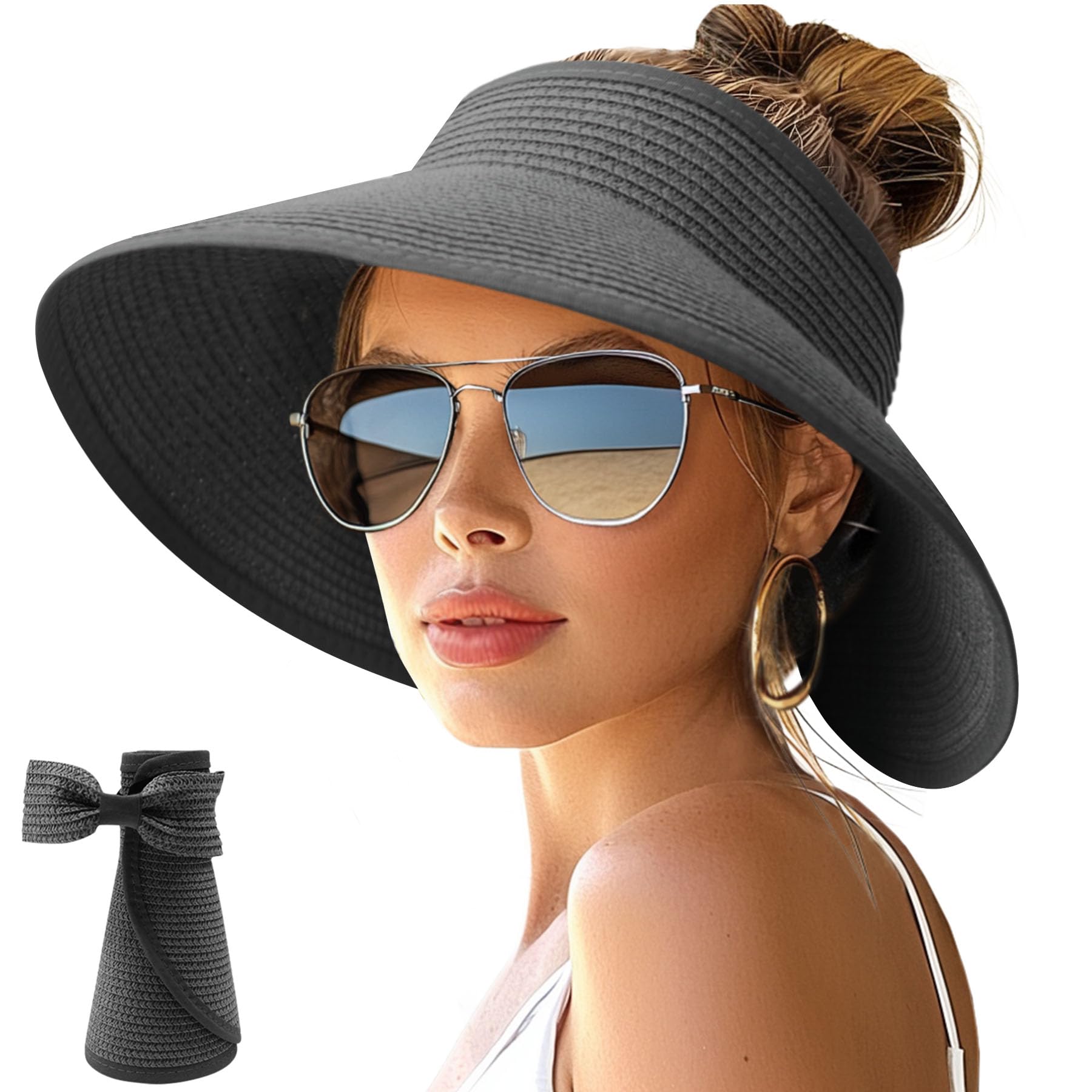 NPJY Sun Hats for Women Wide Brim Roll-Up Ponytail Packable Straw Visor | Wide Brim Hat with Open-Top Design, Packable & Foldable for Travel Beach Garden Gift