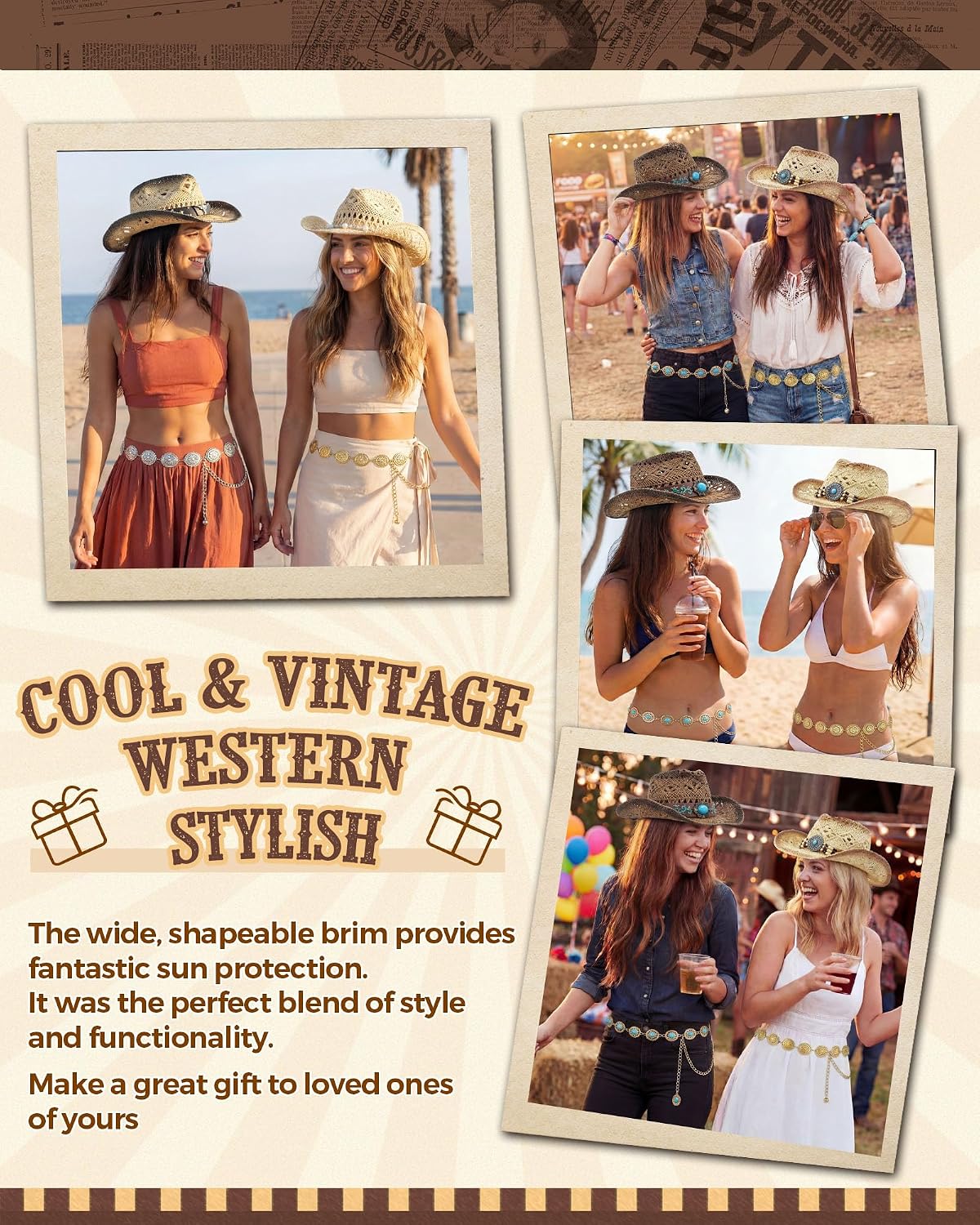 4 Pcs Women Straw Cowboy Hat Set with Shapeable Brim & Western Concho Belts Boho Beach Cowgirl Hat Accessories