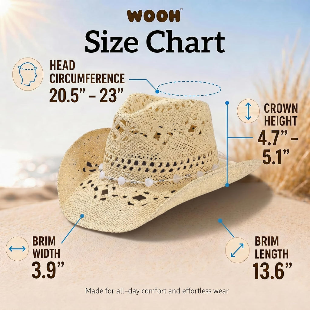 WOOH Cowboy Hats for Women and Men, Straw Cowgirl Hat with Wide Brim, Shapeable Brim and Adjustable Chin Strap for Rodeo