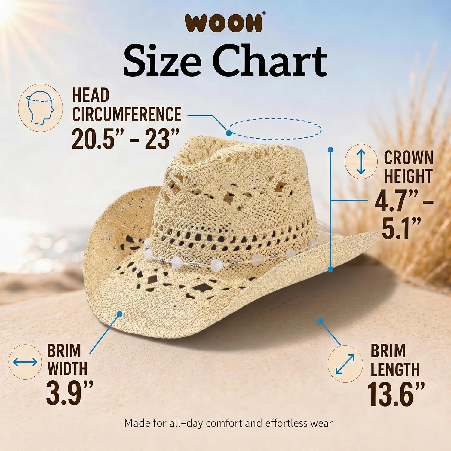 WOOH Cowboy Hats for Women and Men, Straw Cowgirl Hat with Wide Brim, Shapeable Brim and Adjustable Chin Strap for Rodeo
