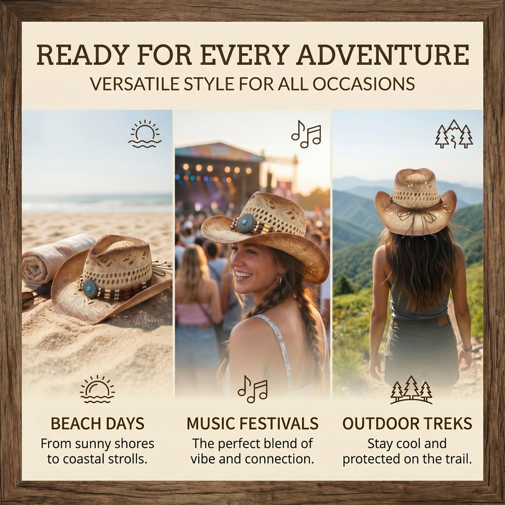 WOOH Cowboy Hats for Women and Men, Straw Cowgirl Hat with Wide Brim, Shapeable Brim and Adjustable Chin Strap for Rodeo