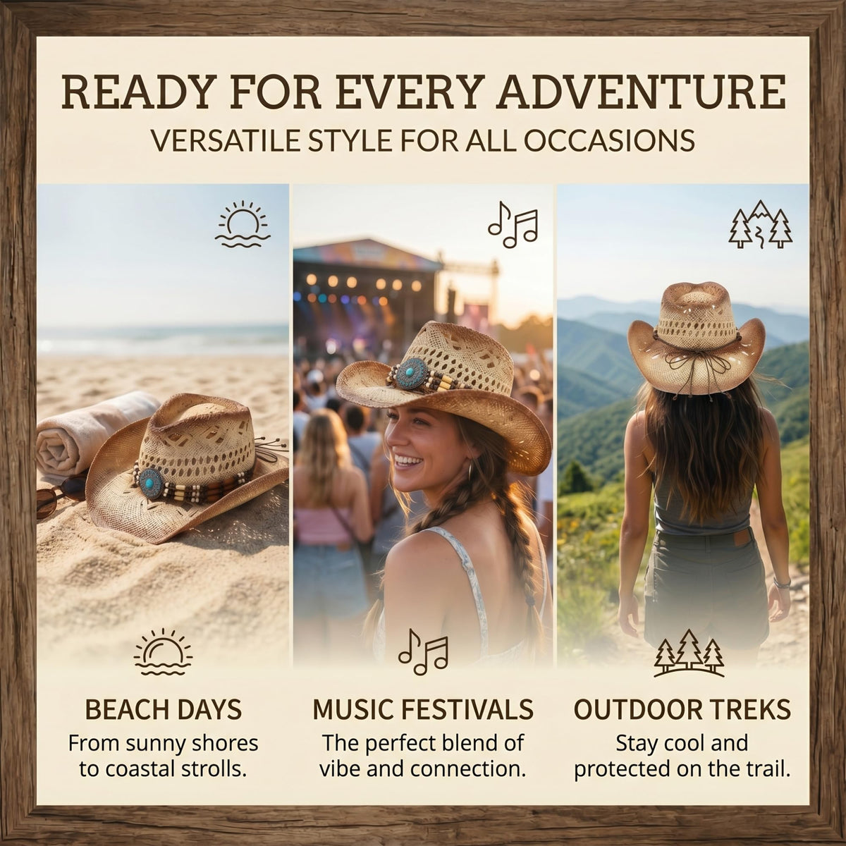 WOOH Cowboy Hats for Women and Men, Straw Cowgirl Hat with Wide Brim, Shapeable Brim and Adjustable Chin Strap for Rodeo