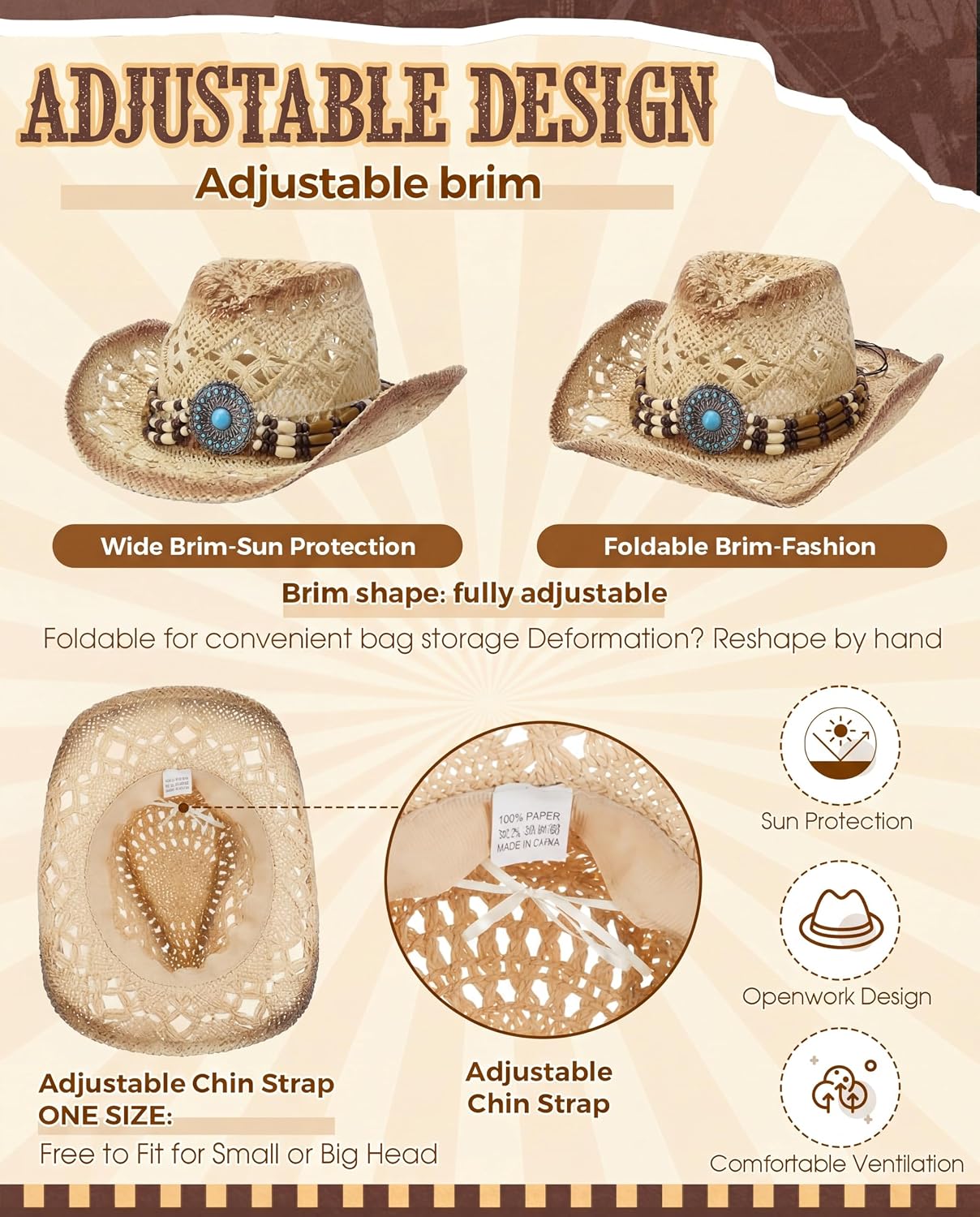 4 Pcs Women Straw Cowboy Hat Set with Shapeable Brim & Western Concho Belts Boho Beach Cowgirl Hat Accessories