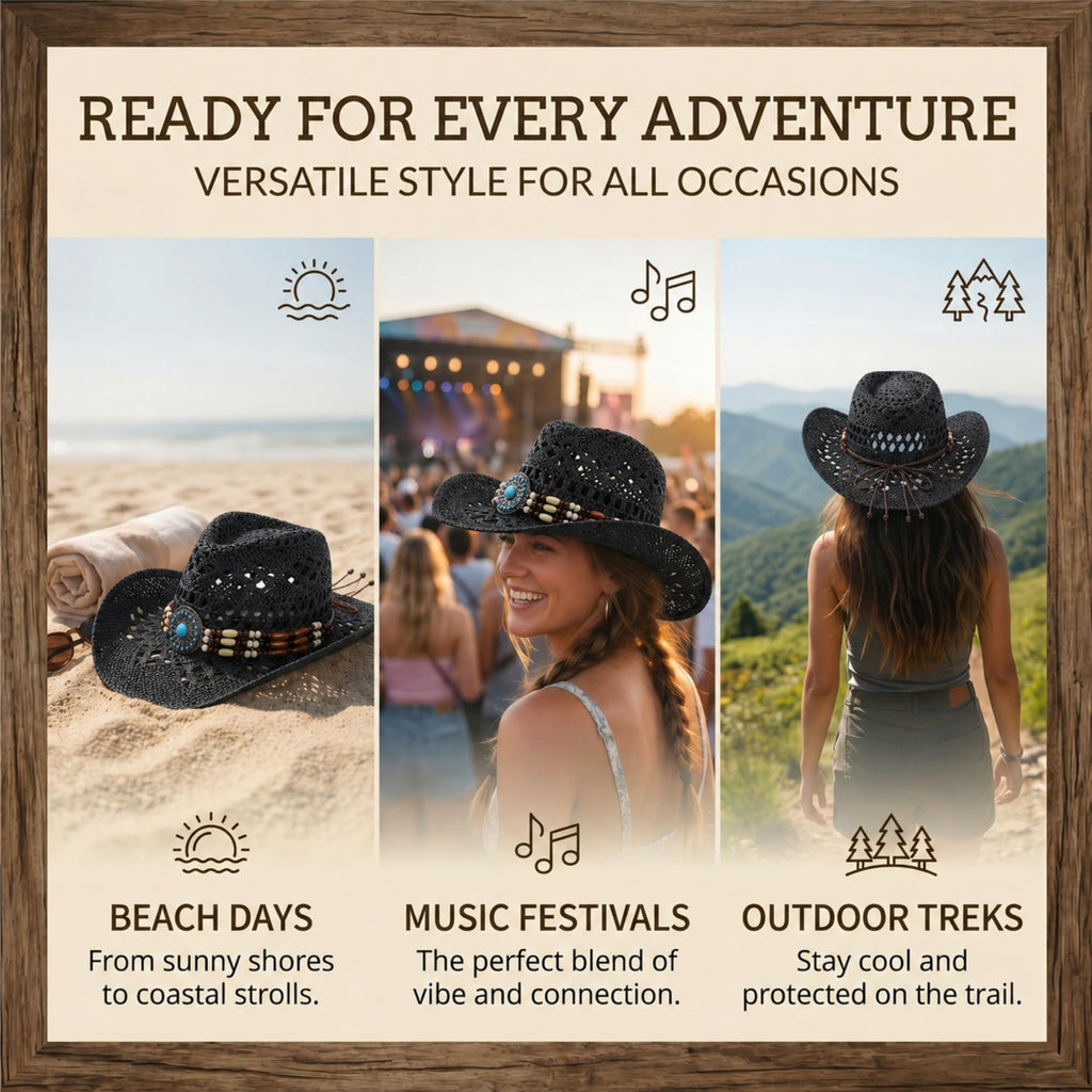 WOOH Cowboy Hats for Women and Men, Straw Cowgirl Hat with Wide Brim, Shapeable Brim and Adjustable Chin Strap for Rodeo