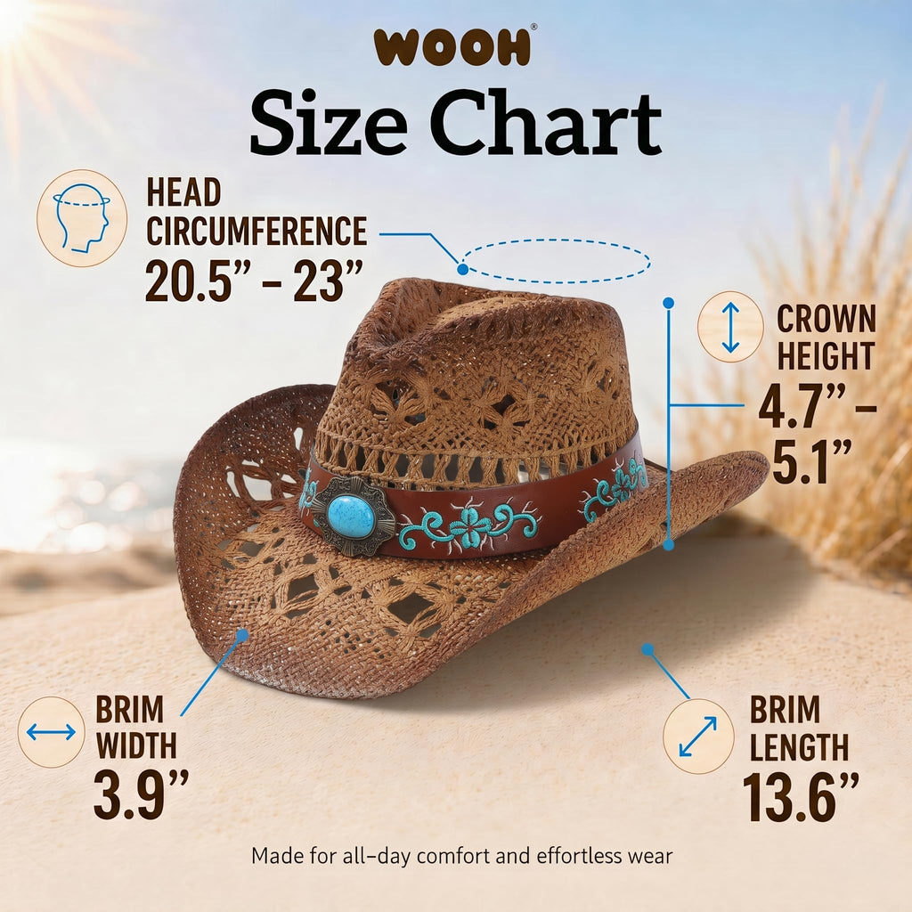 WOOH Cowboy Hats for Women and Men, Straw Cowgirl Hat with Wide Brim, Shapeable Brim and Adjustable Chin Strap for Rodeo