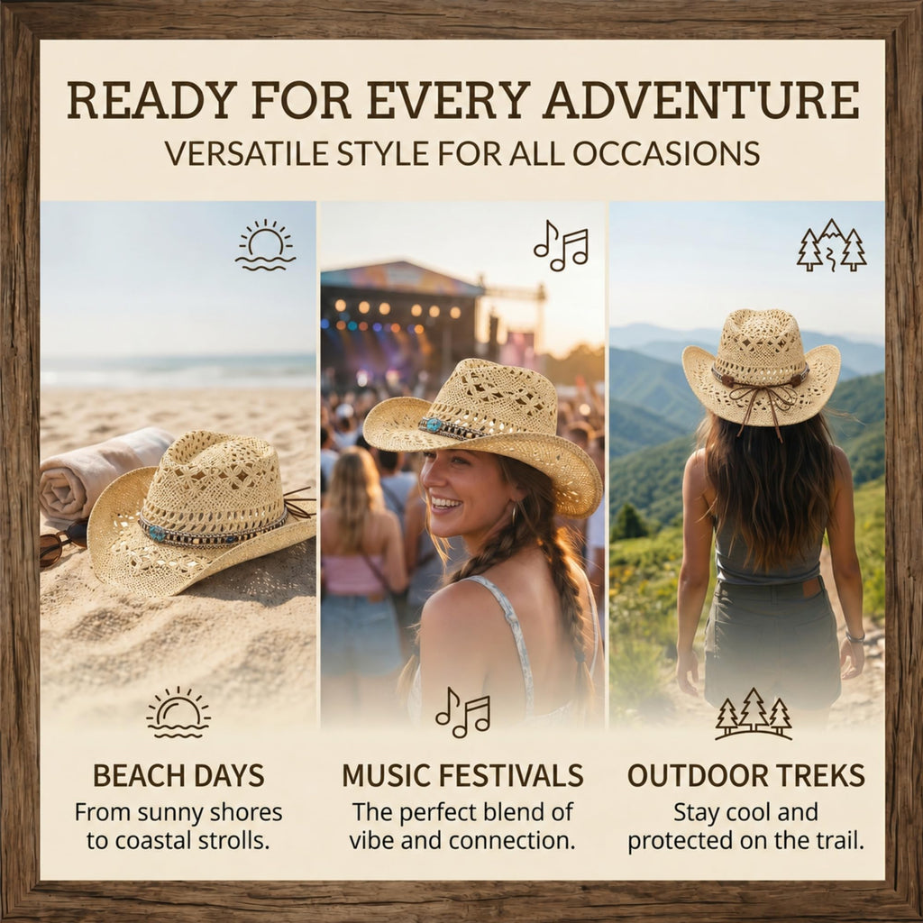 WOOH Cowboy Hats for Women and Men, Straw Cowgirl Hat with Wide Brim, Shapeable Brim and Adjustable Chin Strap for Rodeo