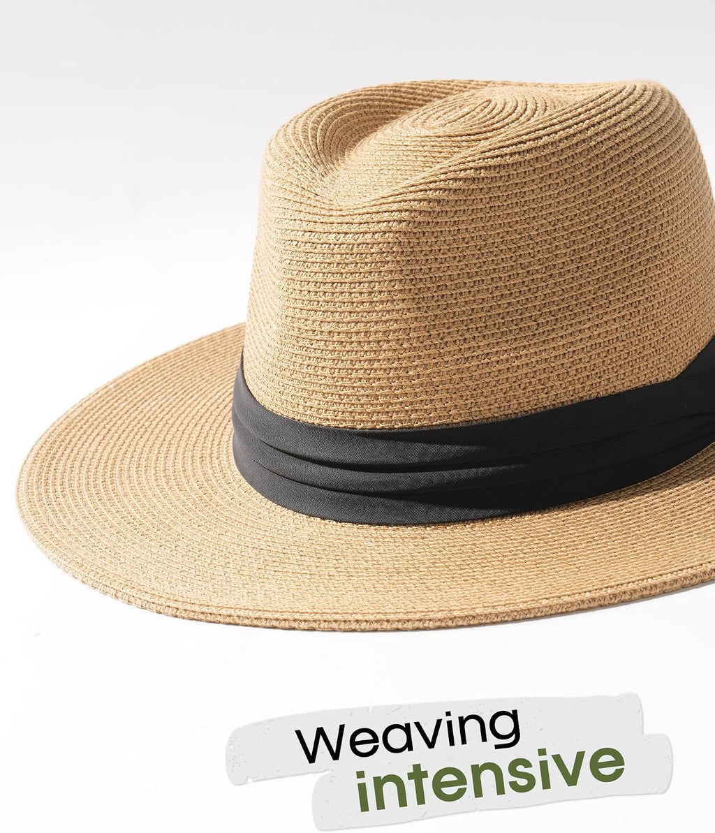 FURTALK Womens Mens Wide Brim Straw Panama Hat Fedora Summer Beach Sun Hat | Breathable Paper Straw, Classic Ribbon Trim, UPF Protection, Adjustable Band Inside, Chin Strap for Gusty Winds