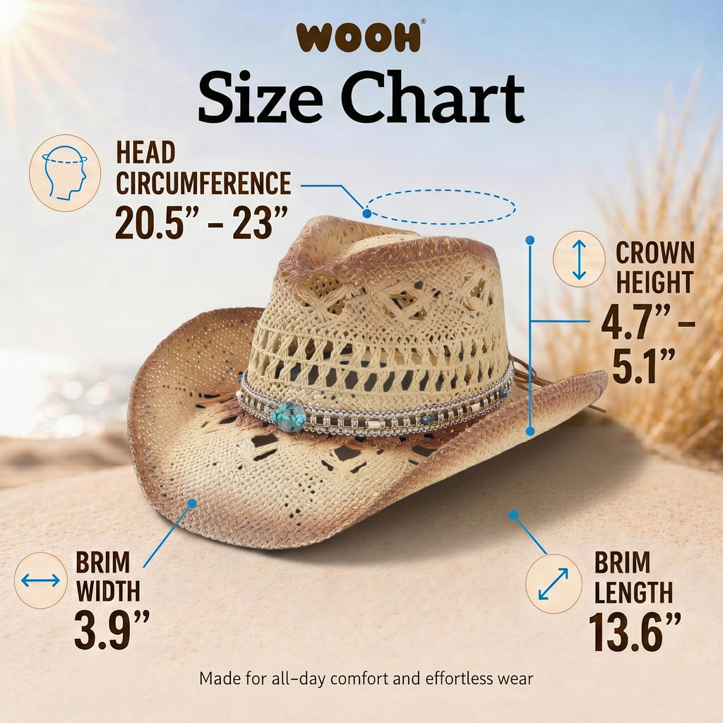 WOOH Cowboy Hats for Women and Men, Straw Cowgirl Hat with Wide Brim, Shapeable Brim and Adjustable Chin Strap for Rodeo