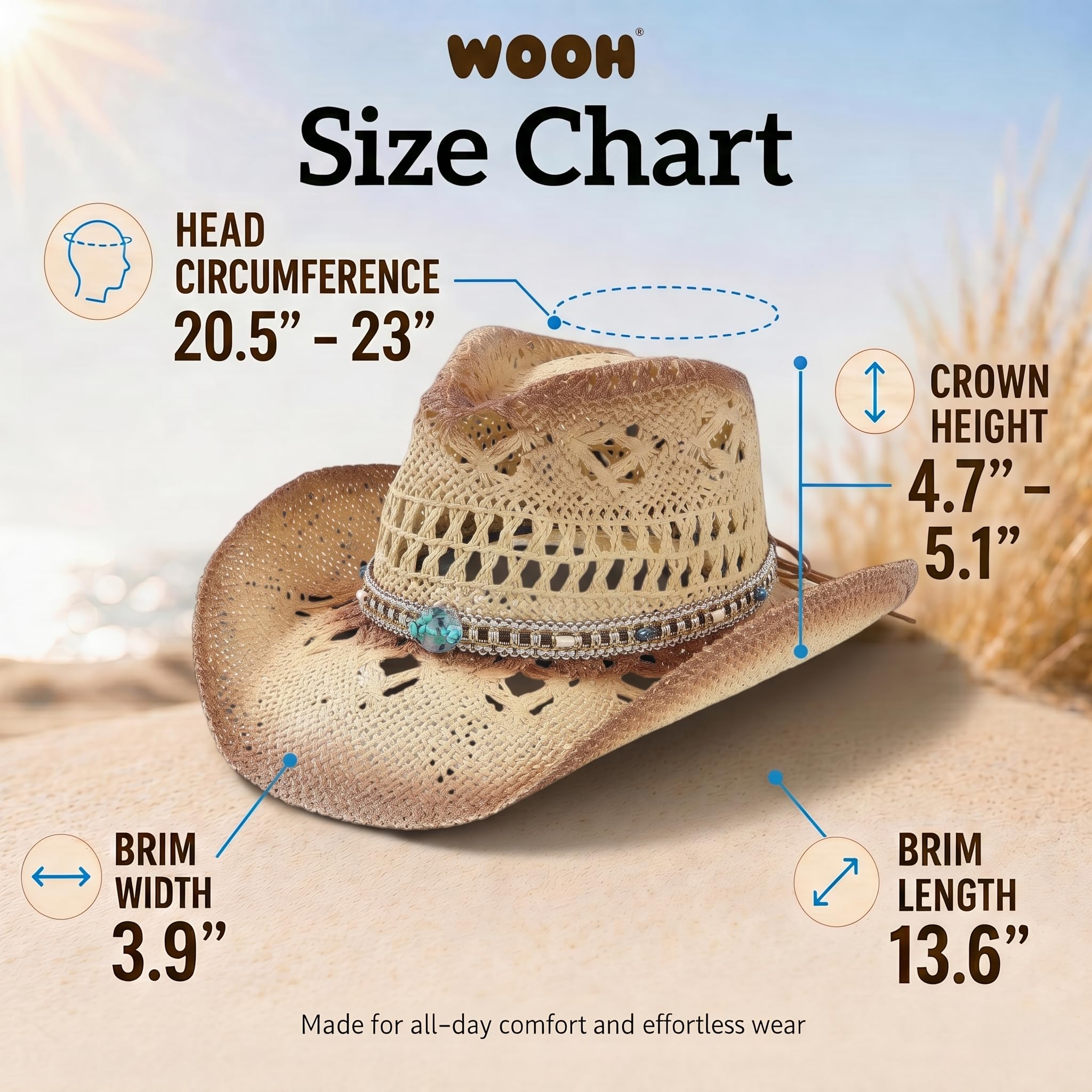 WOOH Cowboy Hats for Women and Men, Straw Cowgirl Hat with Wide Brim, Shapeable Brim and Adjustable Chin Strap for Rodeo