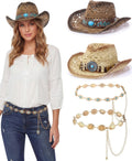 4 Pcs Women Straw Cowboy Hat Set with Shapeable Brim & Western Concho Belts Boho Beach Cowgirl Hat Accessories