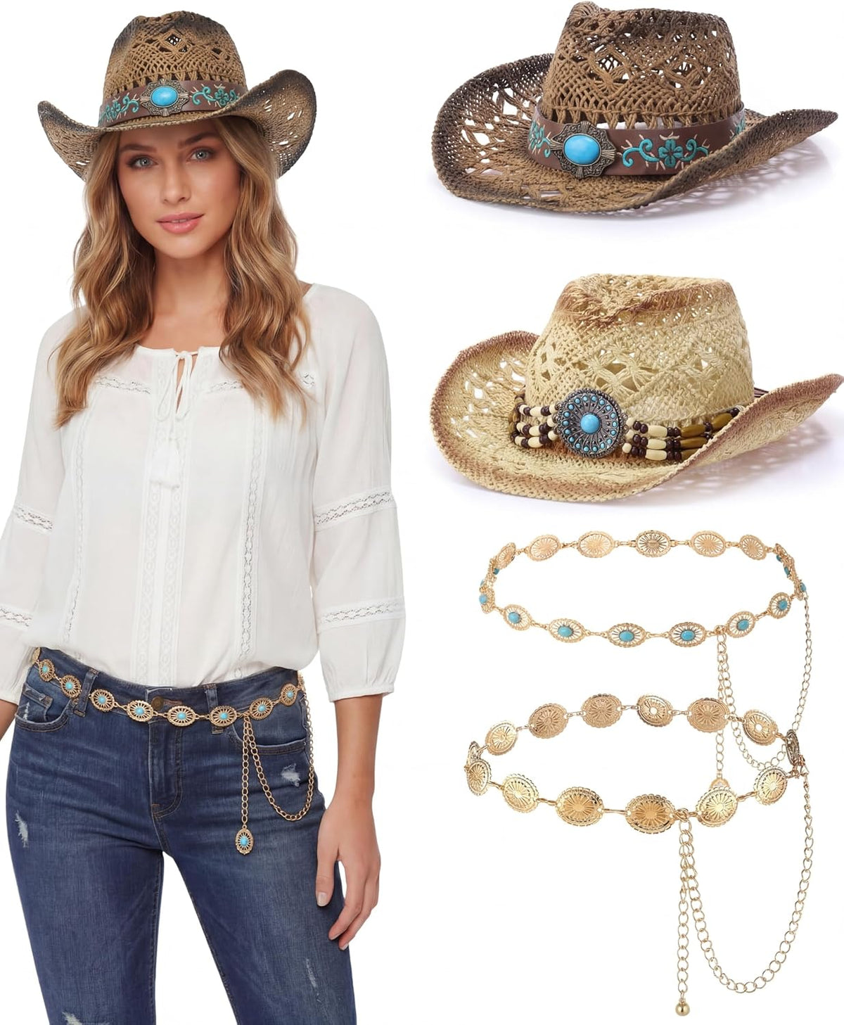 4 Pcs Women Straw Cowboy Hat Set with Shapeable Brim & Western Concho Belts Boho Beach Cowgirl Hat Accessories