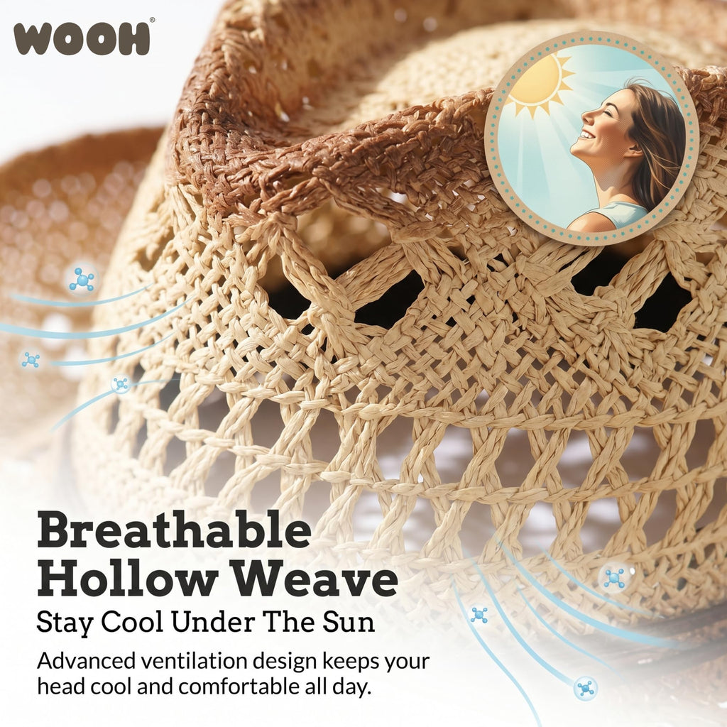 WOOH Cowboy Hats for Women and Men, Straw Cowgirl Hat with Wide Brim, Shapeable Brim and Adjustable Chin Strap for Rodeo