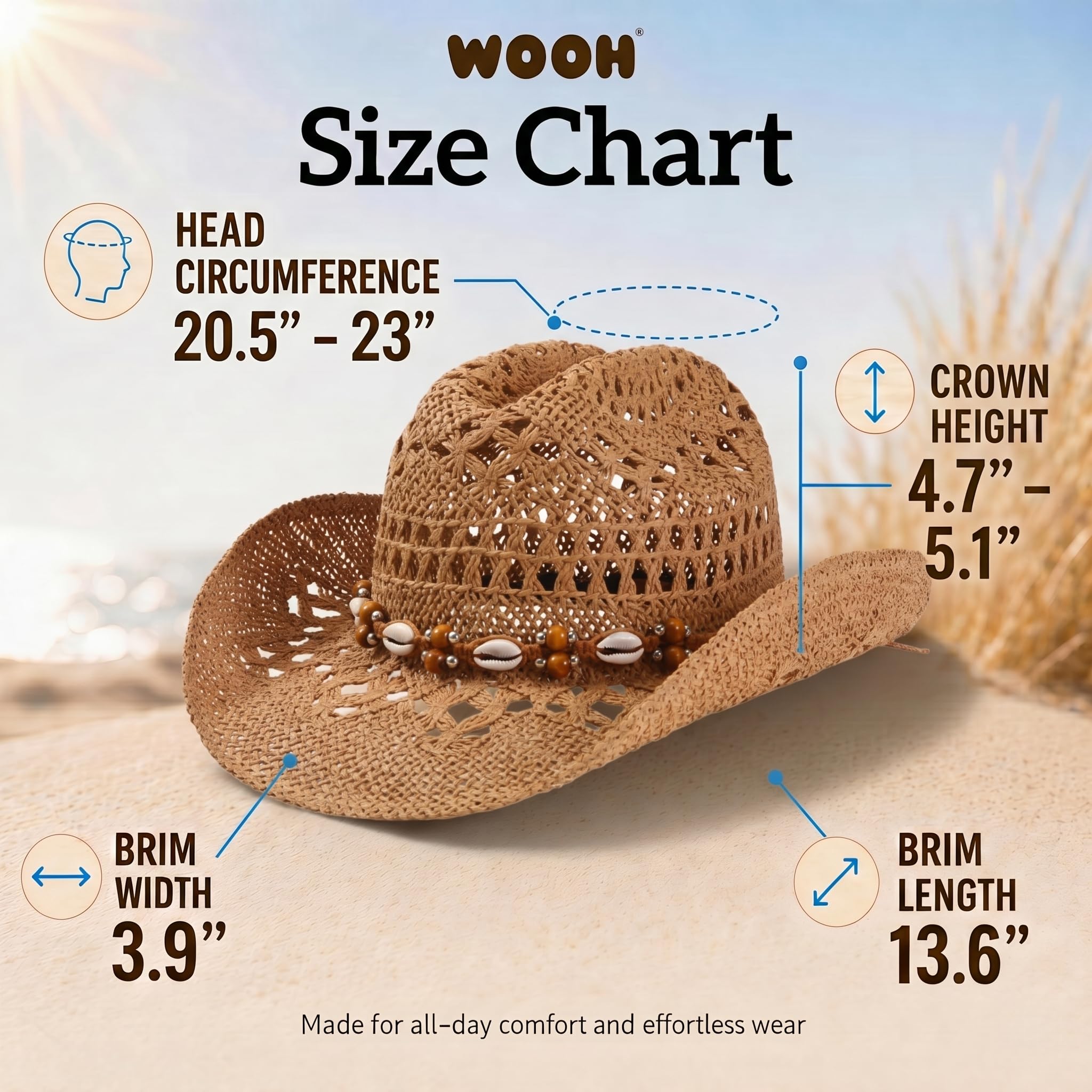WOOH Cowboy Hats for Women and Men, Straw Cowgirl Hat with Wide Brim, Shapeable Brim and Adjustable Chin Strap for Rodeo