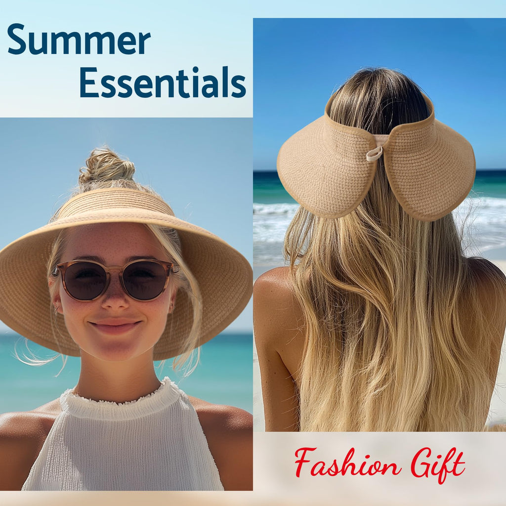 NPJY Sun Hats for Women Wide Brim Roll-Up Ponytail Packable Straw Visor | Wide Brim Hat with Open-Top Design, Packable & Foldable for Travel Beach Garden Gift