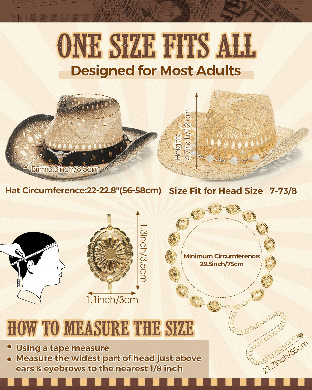 4 Pcs Women Straw Cowboy Hat Set with Shapeable Brim & Western Concho Belts Boho Beach Cowgirl Hat Accessories