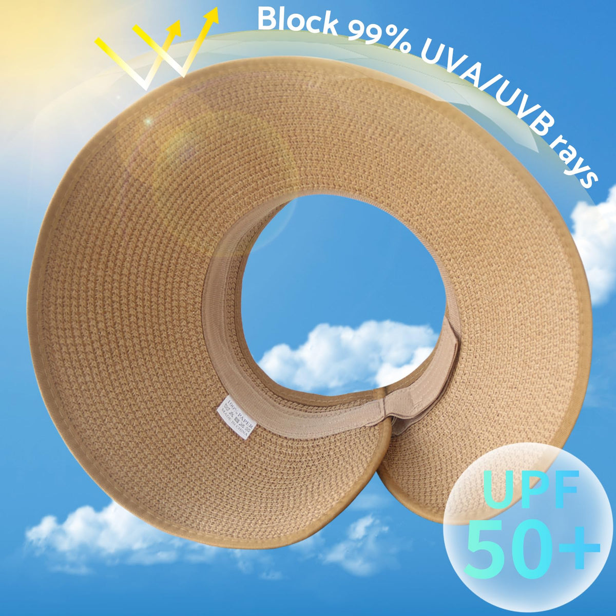 NPJY Sun Hats for Women Wide Brim Roll-Up Ponytail Packable Straw Visor | Wide Brim Hat with Open-Top Design, Packable & Foldable for Travel Beach Garden Gift