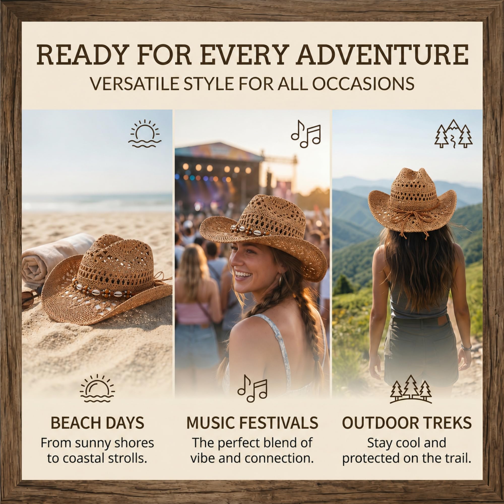 WOOH Cowboy Hats for Women and Men, Straw Cowgirl Hat with Wide Brim, Shapeable Brim and Adjustable Chin Strap for Rodeo