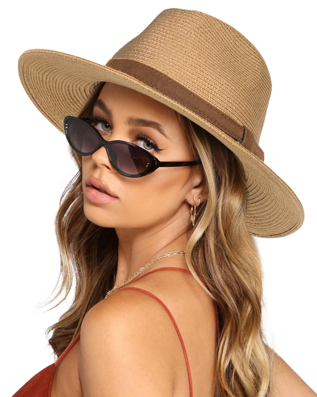 FURTALK Womens Mens Wide Brim Straw Panama Hat Fedora Summer Beach Sun Hat | Breathable Paper Straw, Classic Ribbon Trim, UPF Protection, Adjustable Band Inside, Chin Strap for Gusty Winds