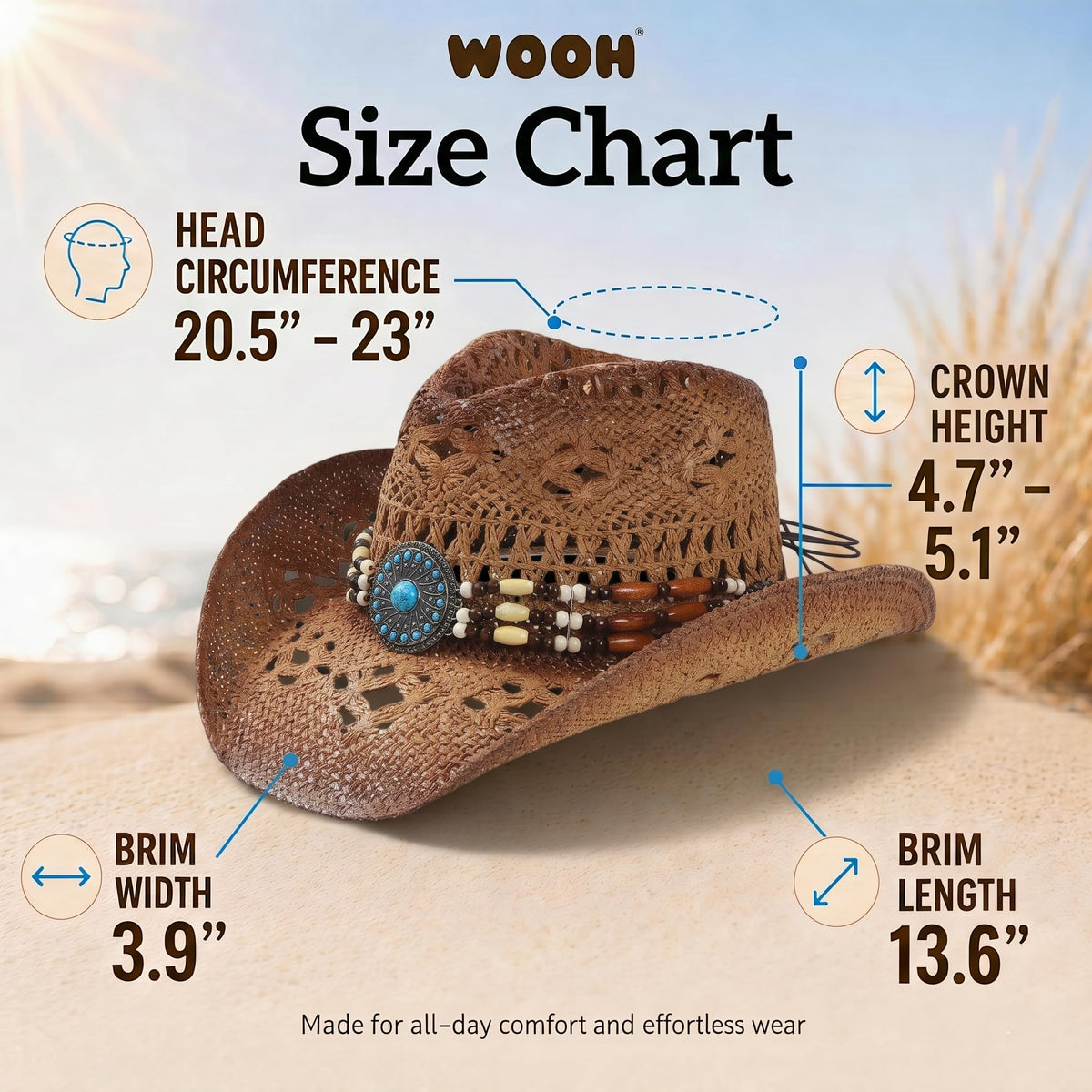 WOOH Cowboy Hats for Women and Men, Straw Cowgirl Hat with Wide Brim, Shapeable Brim and Adjustable Chin Strap for Rodeo